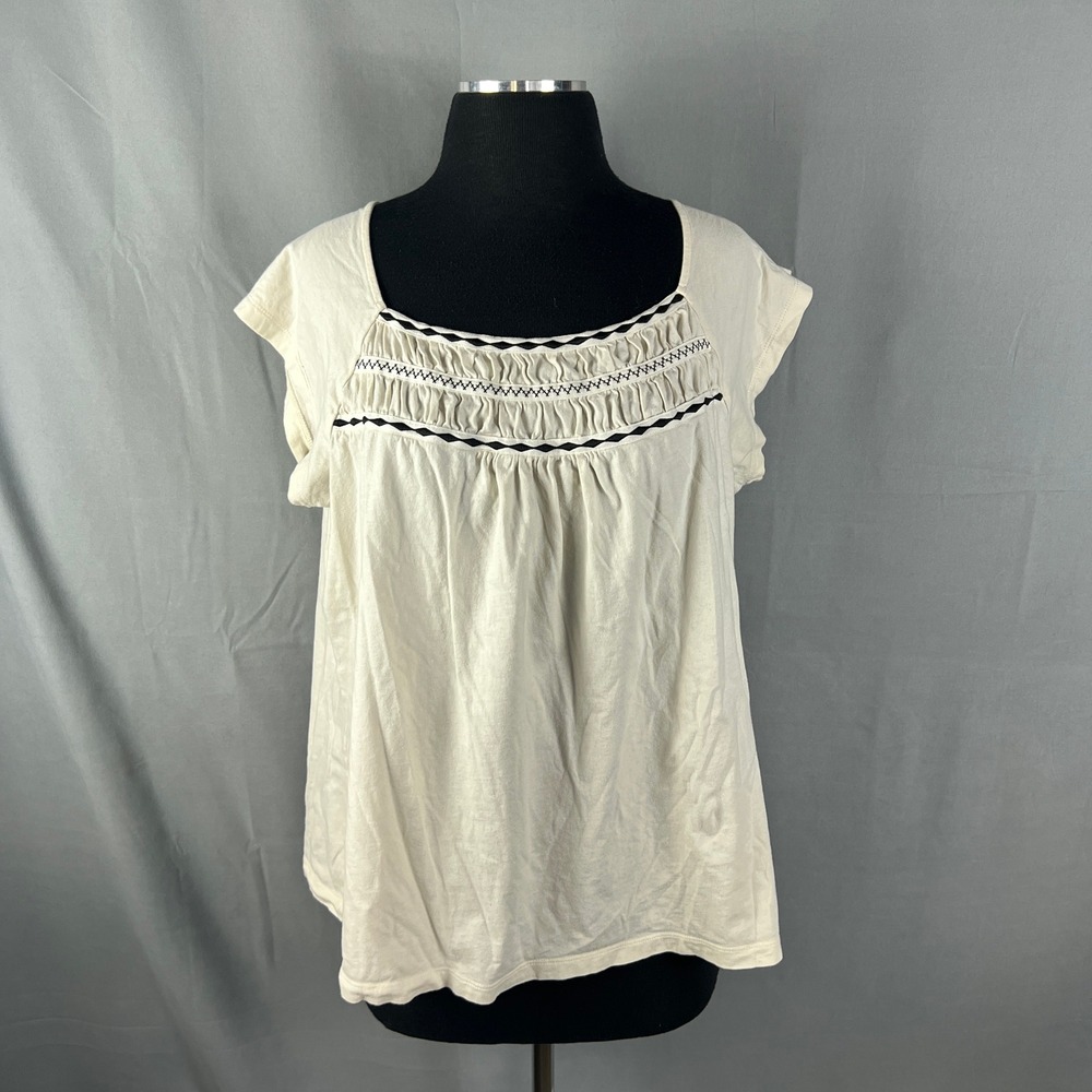 Liz & Co. Blouse Top Womens 1X Beige Cotton Smocked Pleated Boat Neck Cap Sleeve